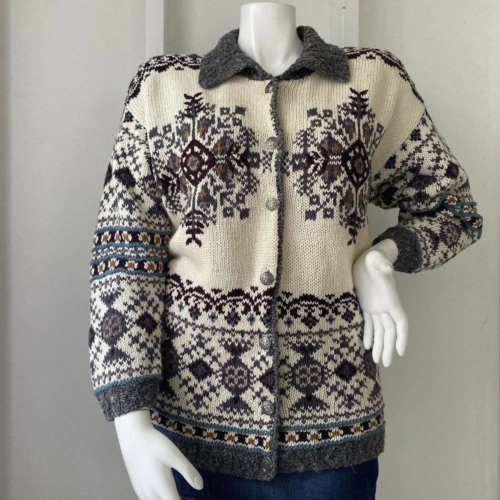 Jennifer & Company Chunky Hand Knit Cardigan Nordic Womens Med - Picture 6 of 8